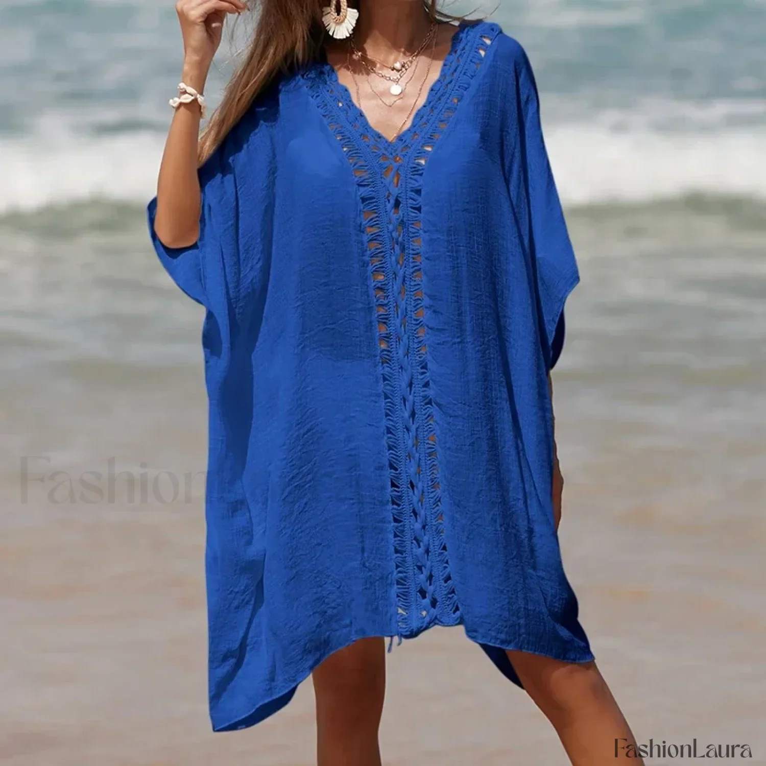 Solid Color Crochet Cutout Loose Cover Up - Image 20