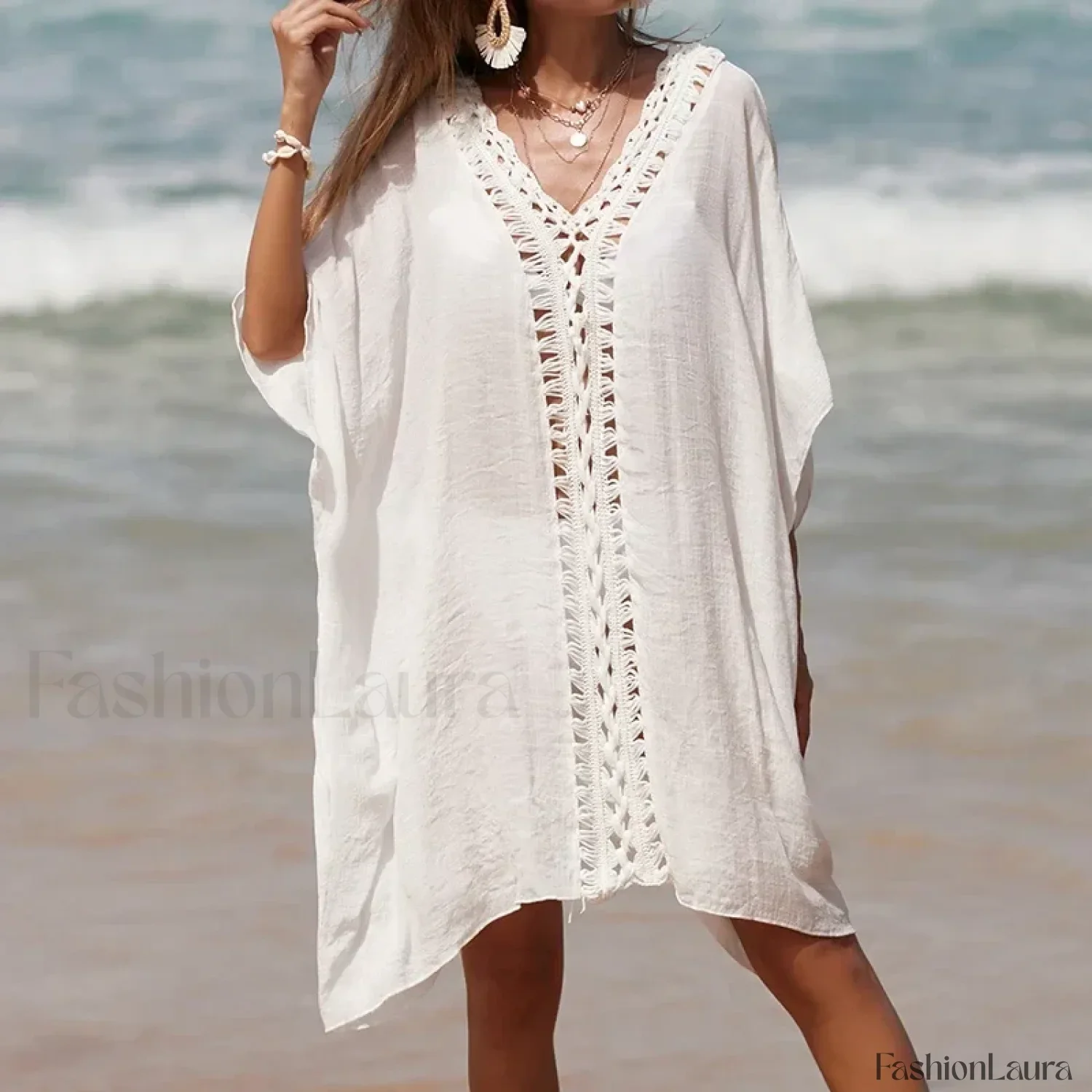 Solid Color Crochet Cutout Loose Cover Up - Image 21