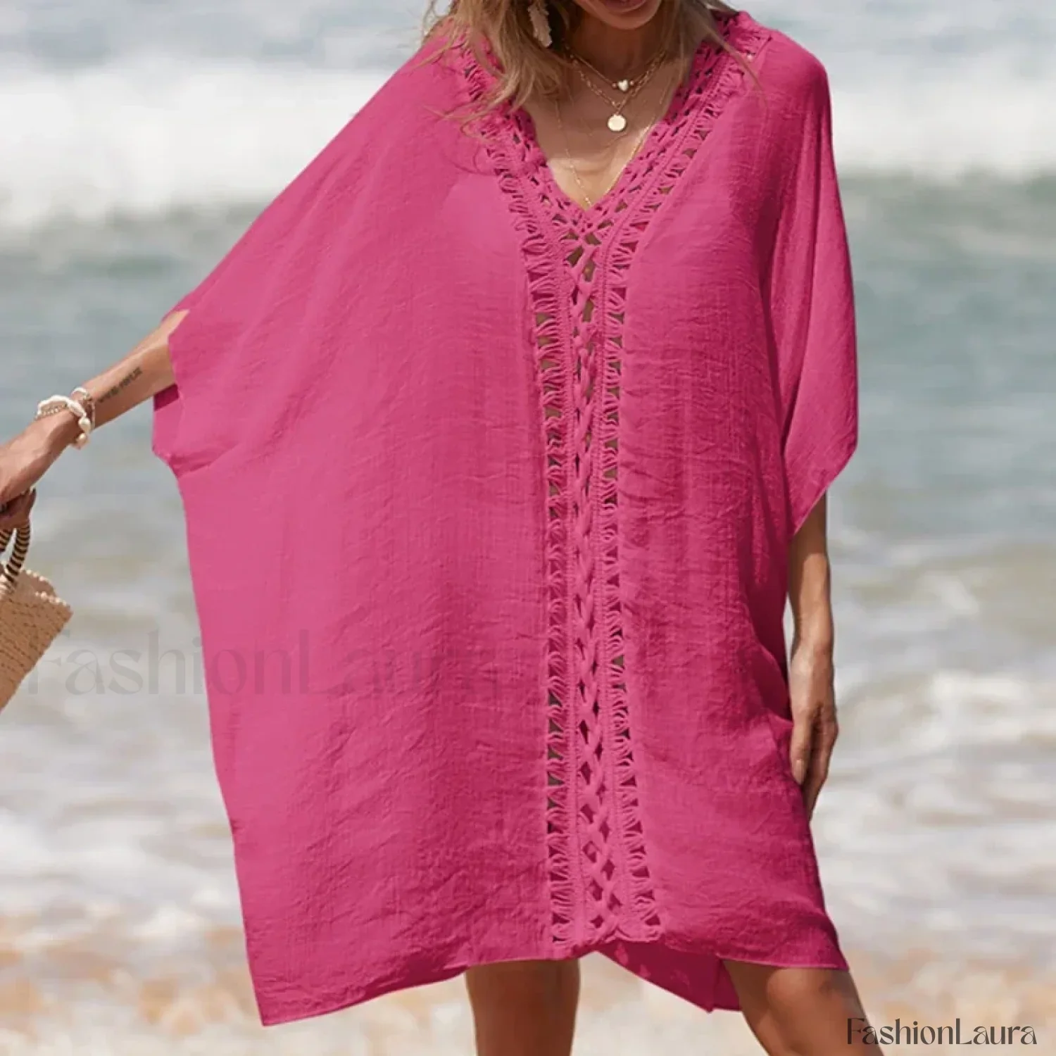 Solid Color Crochet Cutout Loose Cover Up - Image 22