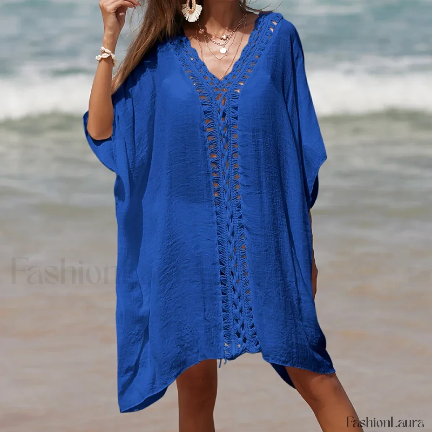 Solid Color Crochet Cutout Loose Cover Up - Image 23