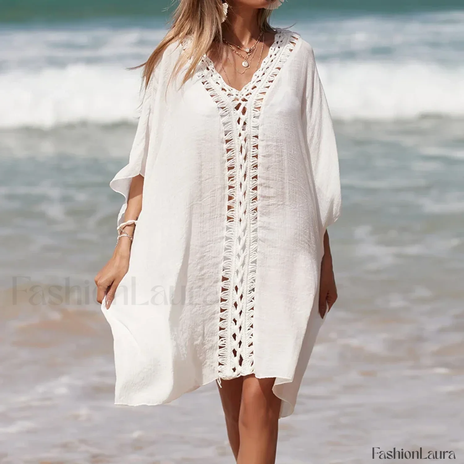 Solid Color Crochet Cutout Loose Cover Up - Image 27