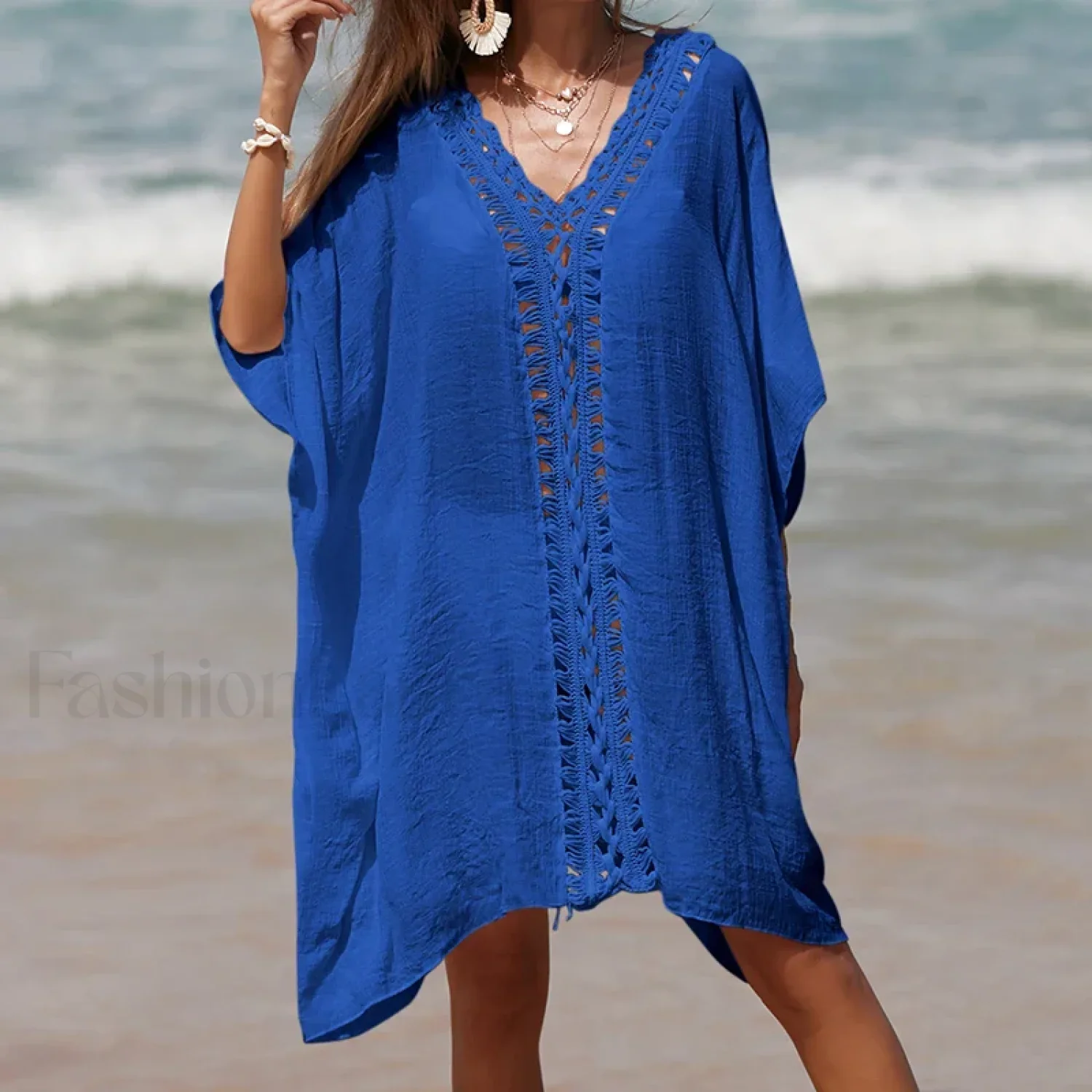 Solid Color Crochet Cutout Loose Cover Up - Image 5