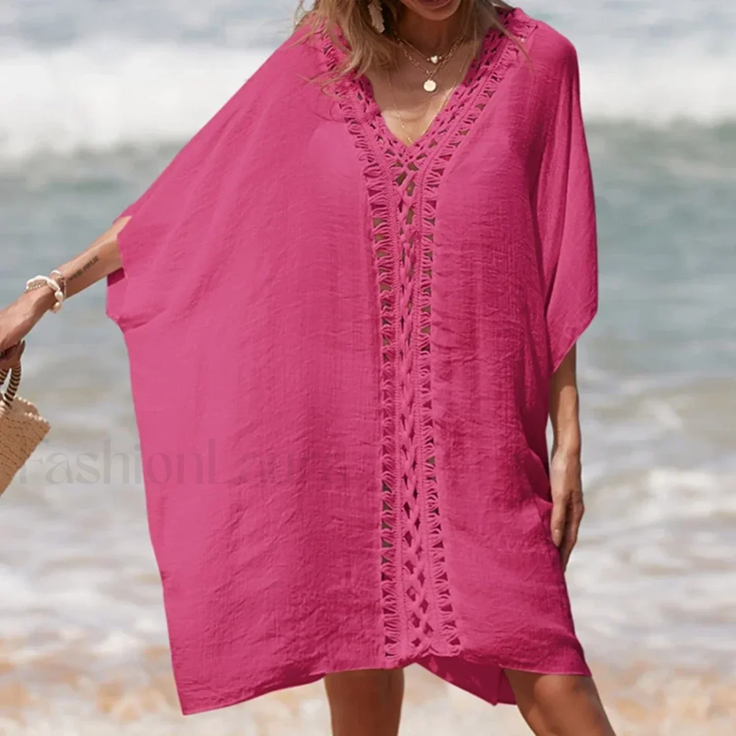 Solid Color Crochet Cutout Loose Cover Up - Image 6