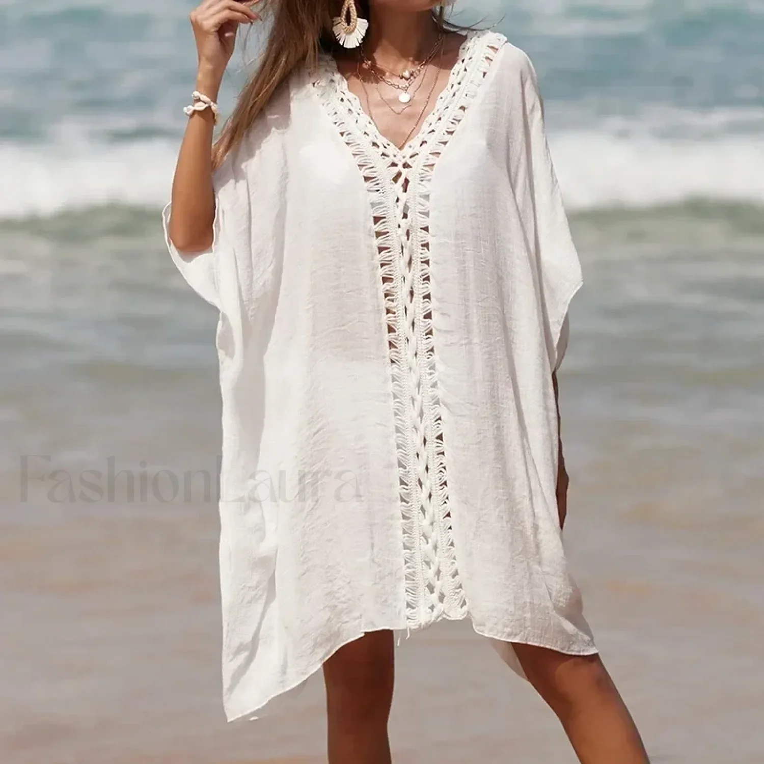 Solid Color Crochet Cutout Loose Cover Up - Image 7
