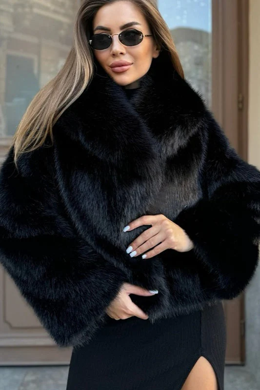 Solid Color Cropped Fur Coat - Image 3