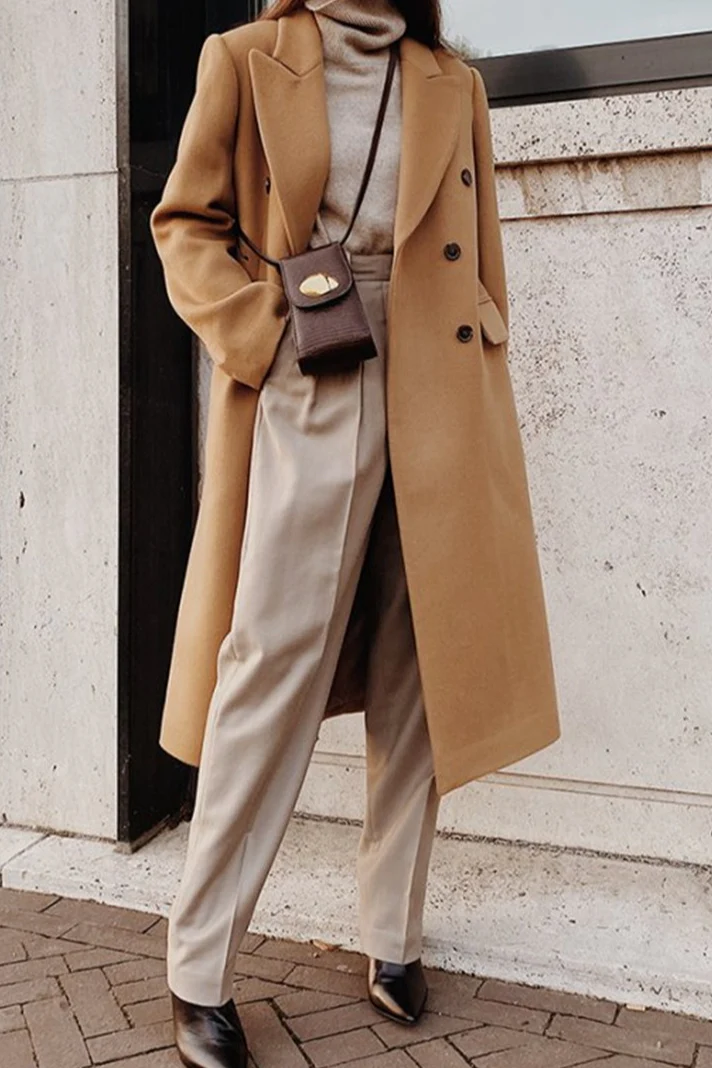 Solid Color Double Breast Lapel Overcoat - Image 3