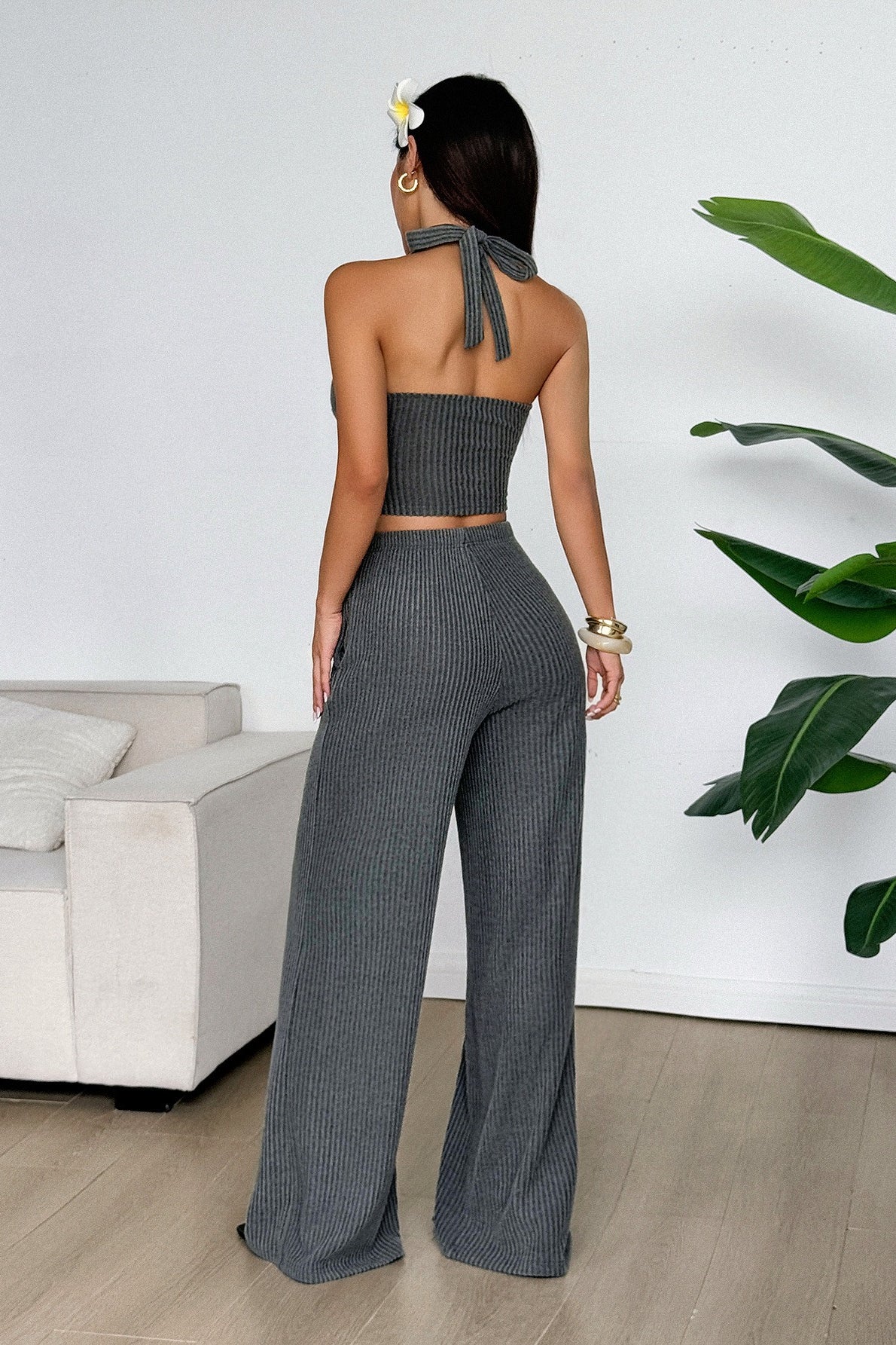 Solid Color Halter Tank Top Straight Leg Pants Set - Image 5