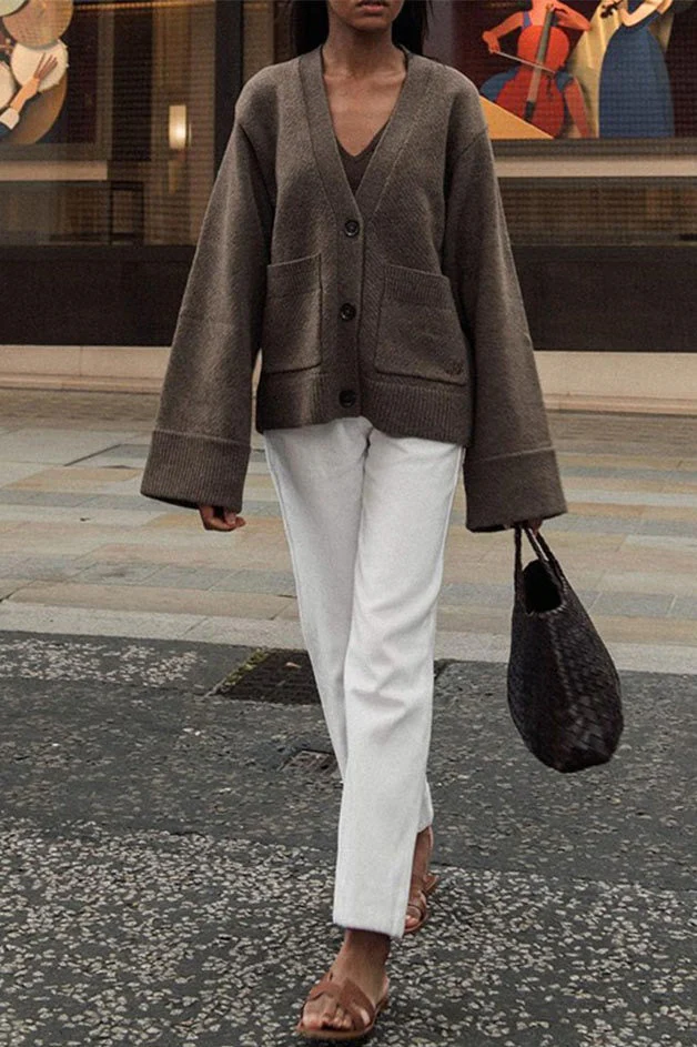 Solid Color Knit V-Neck Coat - Image 2
