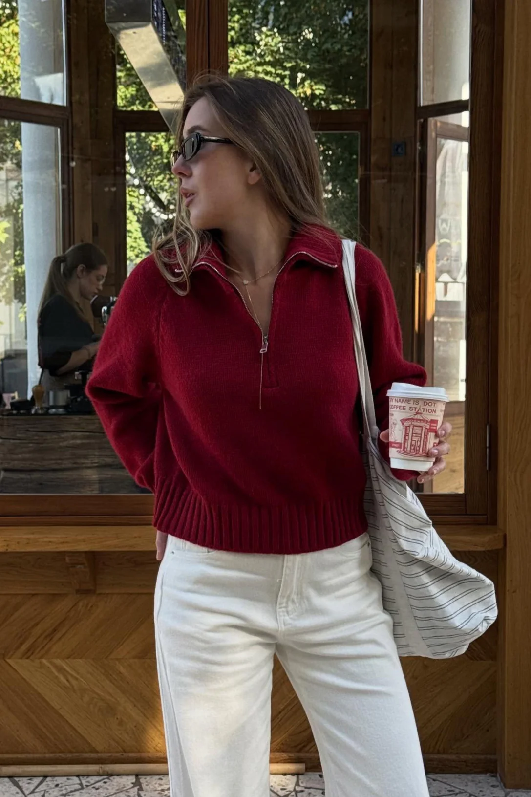 Solid Color Notched Collar Relaxed Knit Sweater - Image 3