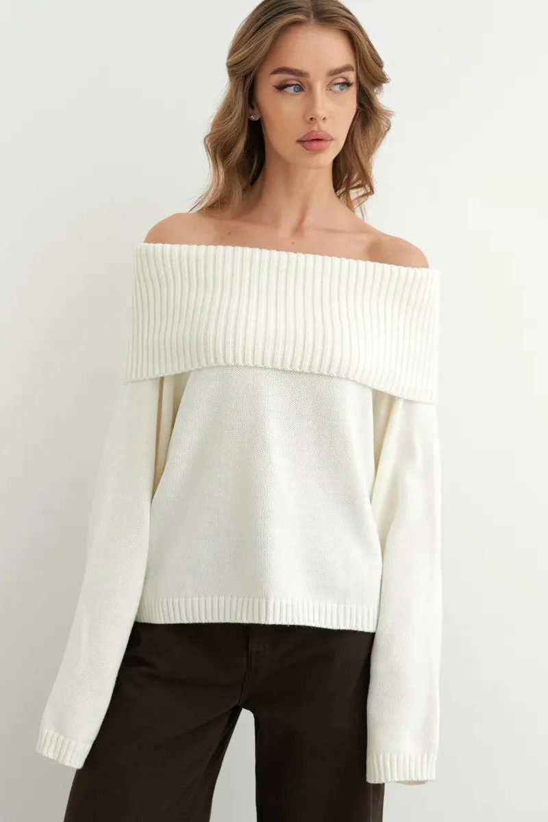 Solid Color Off Shoulder Knitted Sweater - Image 11