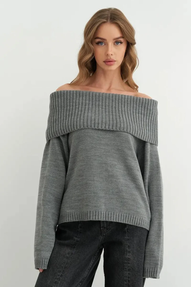 Solid Color Off Shoulder Knitted Sweater - Image 13