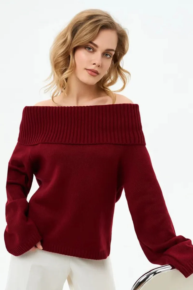 Solid Color Off Shoulder Knitted Sweater - Image 21