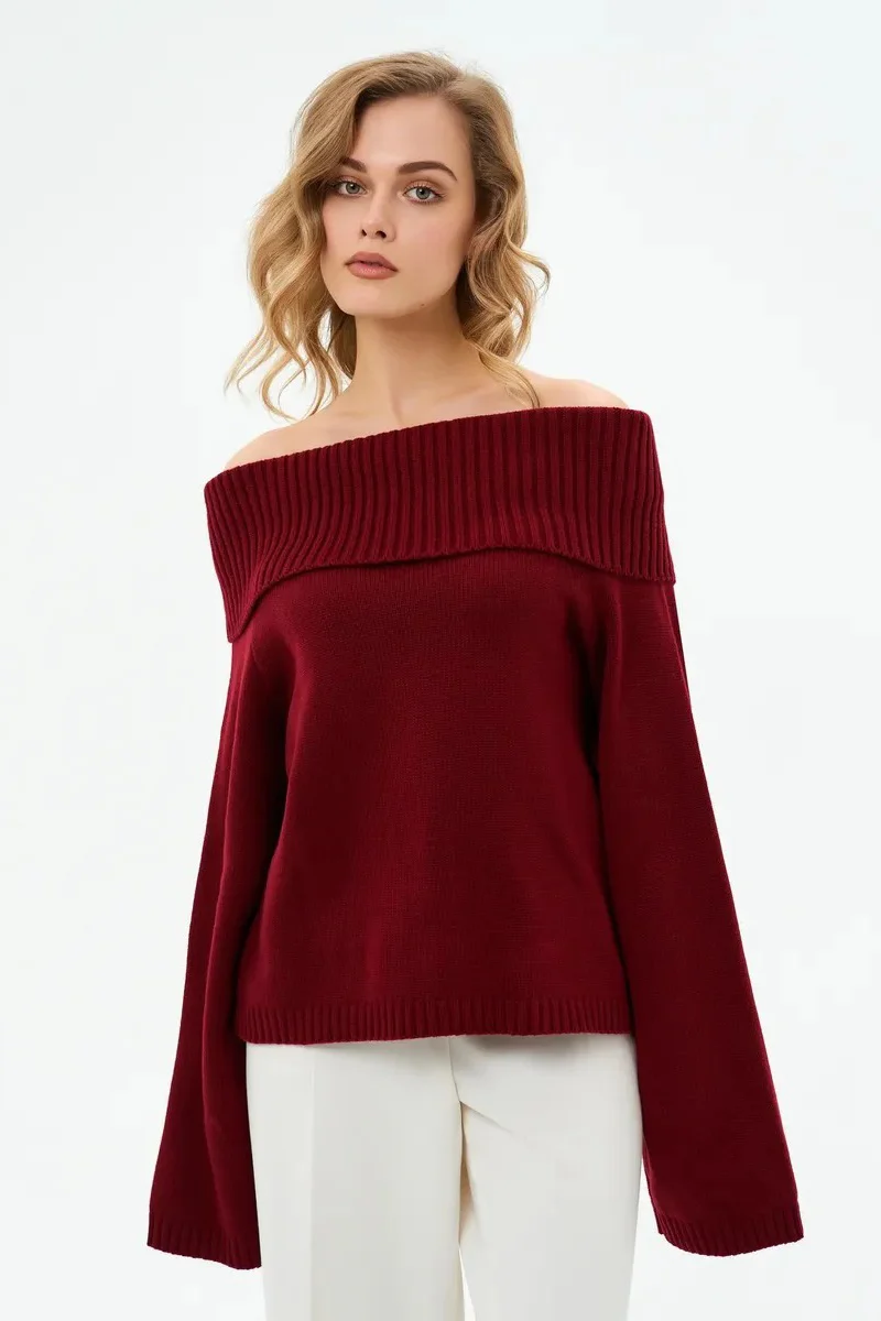 Solid Color Off Shoulder Knitted Sweater - Image 23