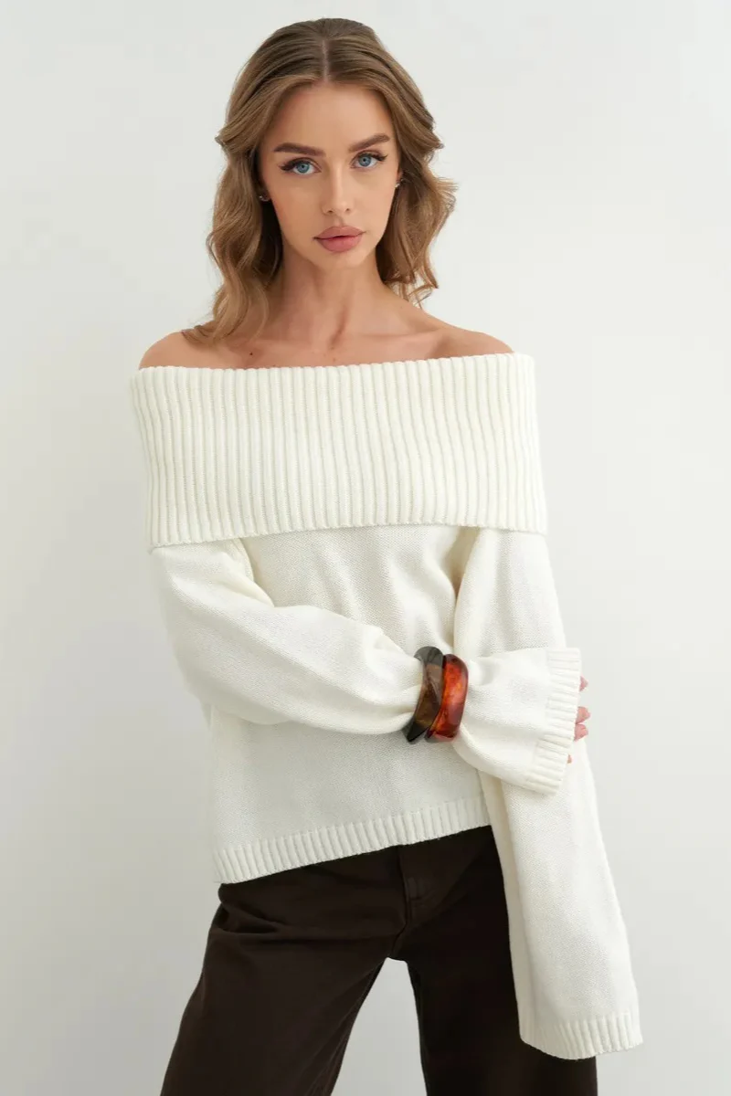 Solid Color Off Shoulder Knitted Sweater - Image 8