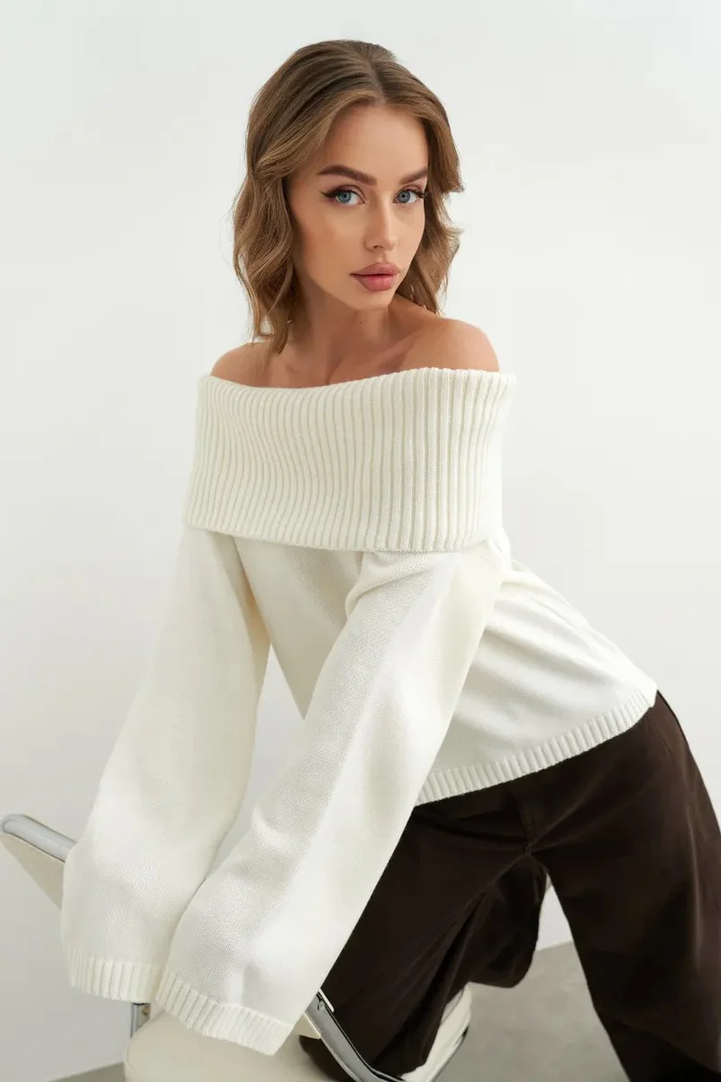 Solid Color Off Shoulder Knitted Sweater - Image 9