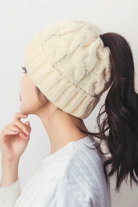 Solid Color Ribbed Ponytail Beanie Hat