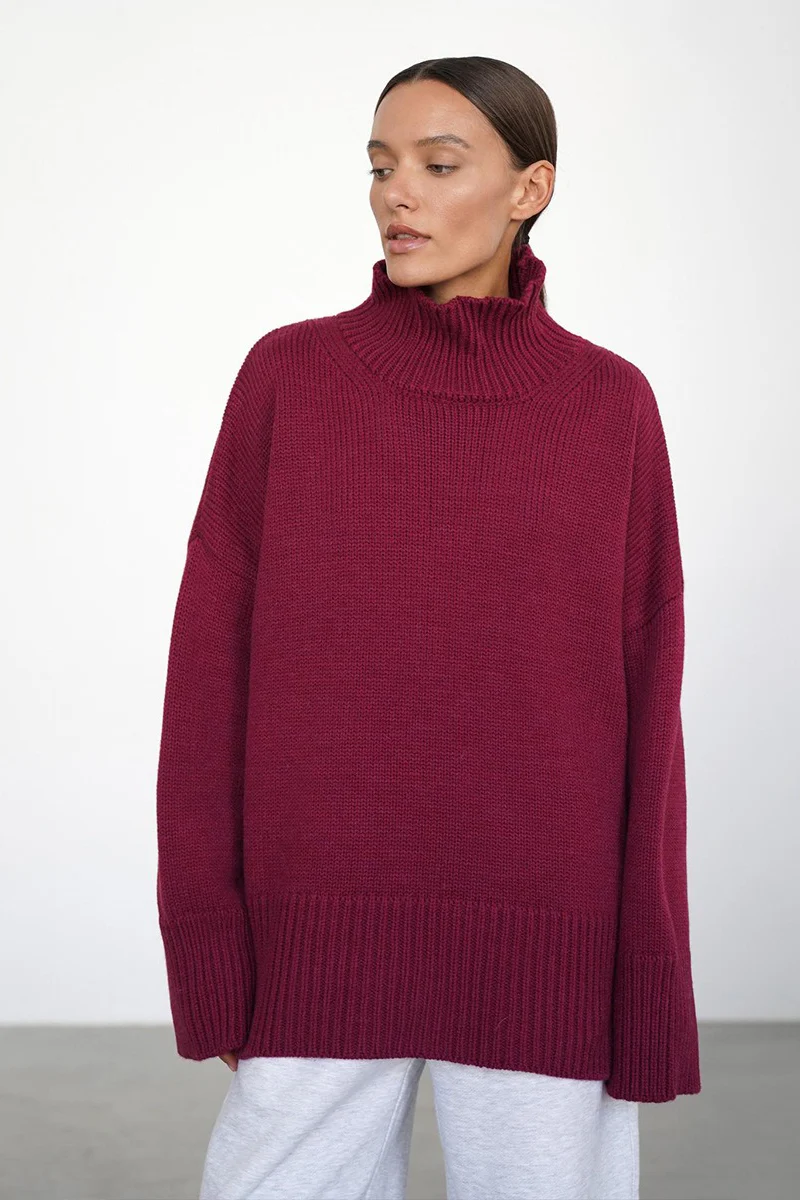 Solid Color Turtleneck Knit Sweater - Image 9