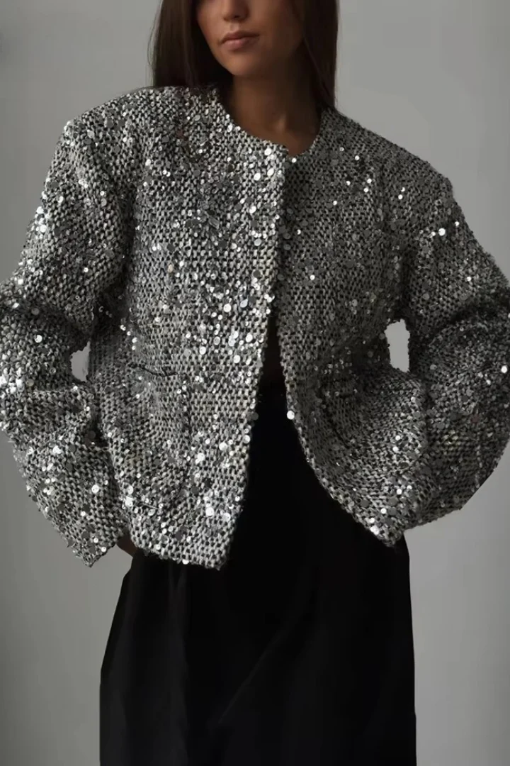 Solid Crew Neck Sequin Tweed Jacket - Image 2