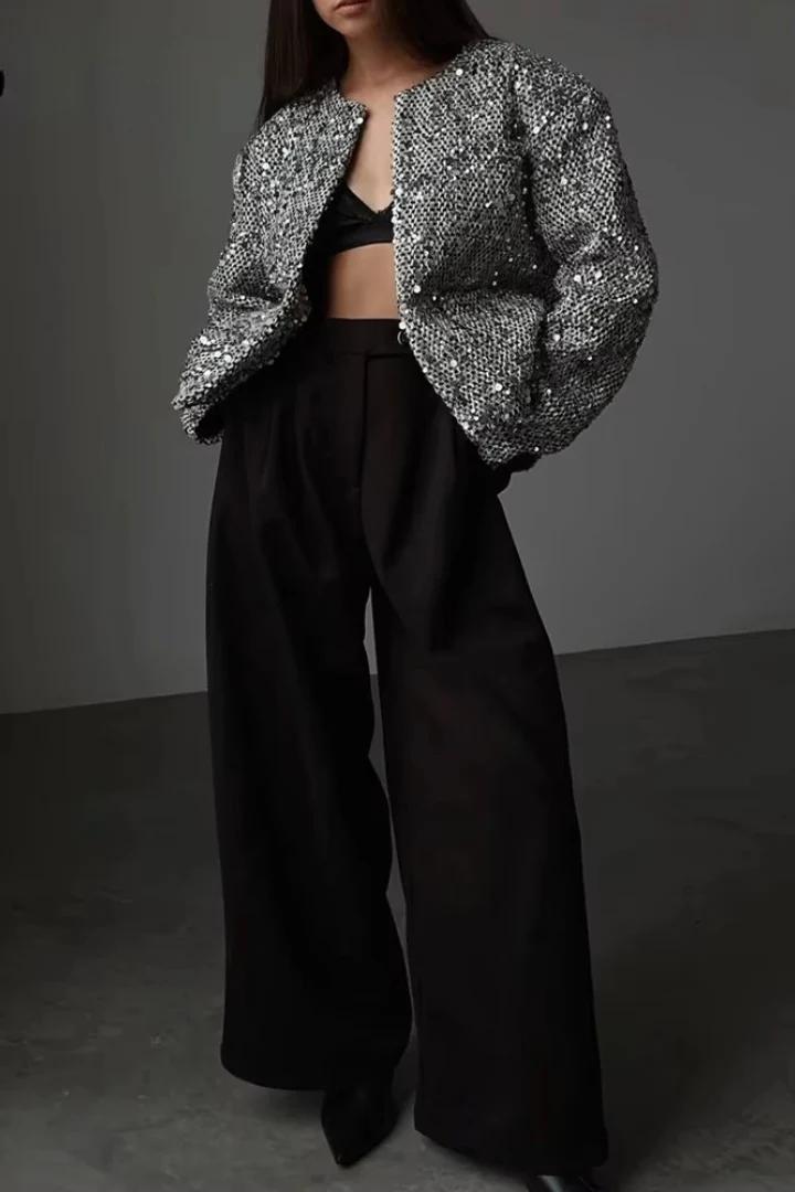 Solid Crew Neck Sequin Tweed Jacket - Image 3