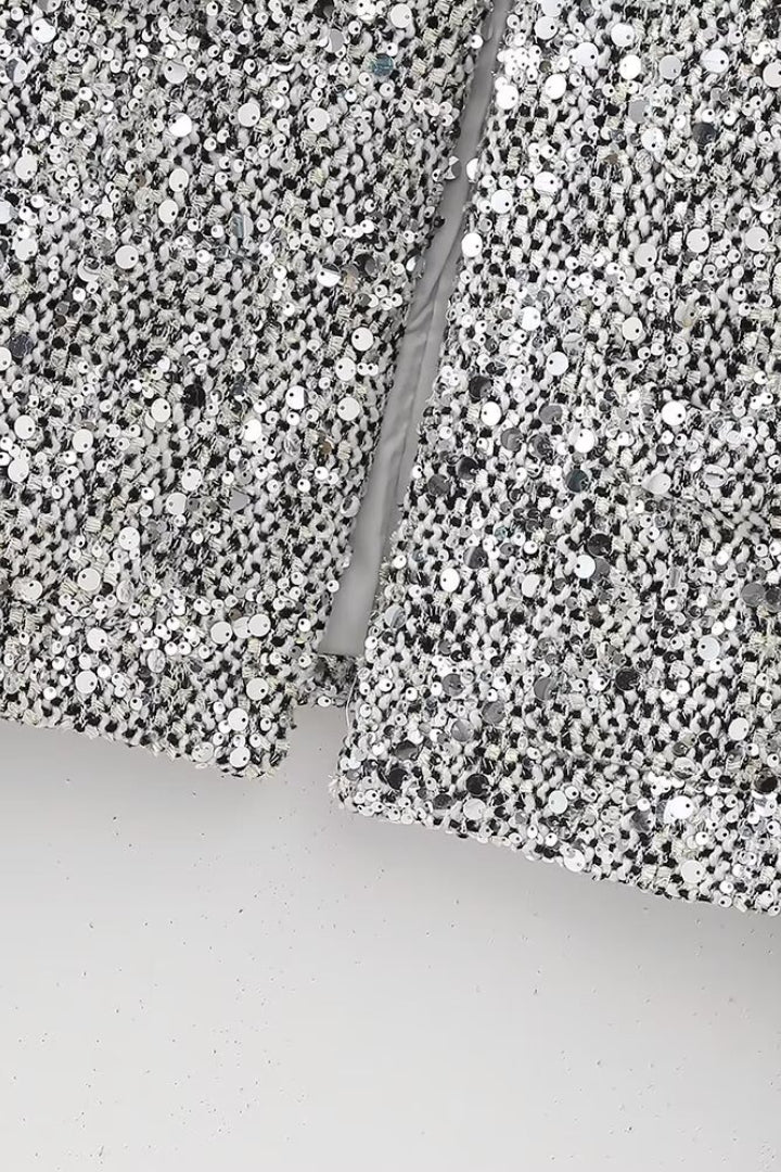 Solid Crew Neck Sequin Tweed Jacket - Image 7