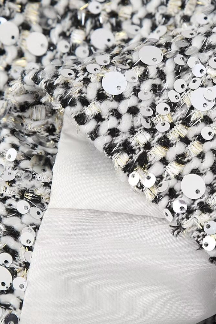 Solid Crew Neck Sequin Tweed Jacket - Image 9