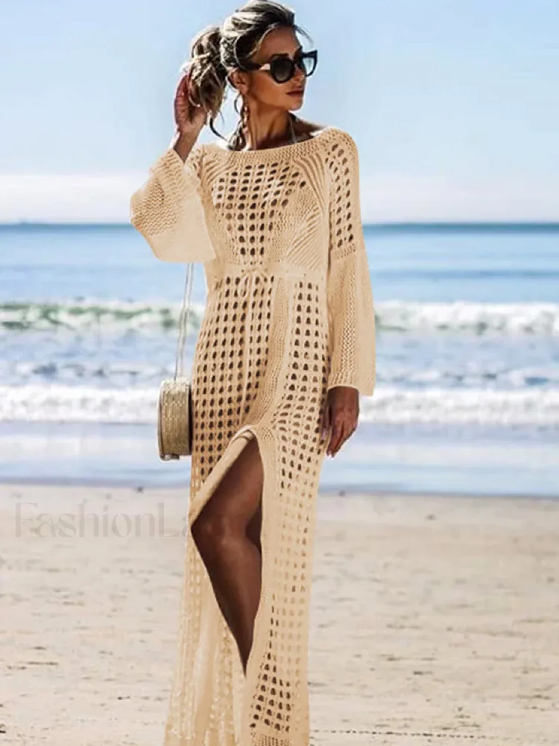 Solid Hollow Lace Up Slit Cut Cover Up - Image 6