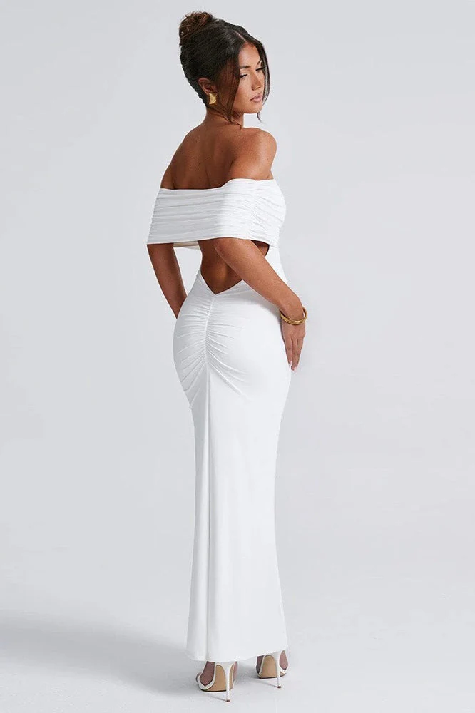 Solid Off Shoulder Ruched Formal Dress - Image 11