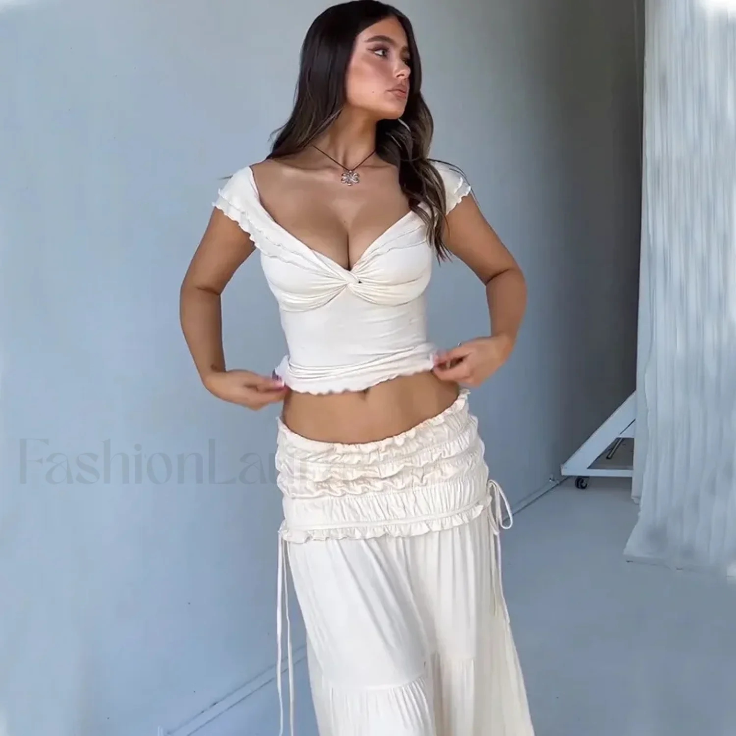 Solid Ruffle Maxi Skirt Knit Two Piece Set - Image 7