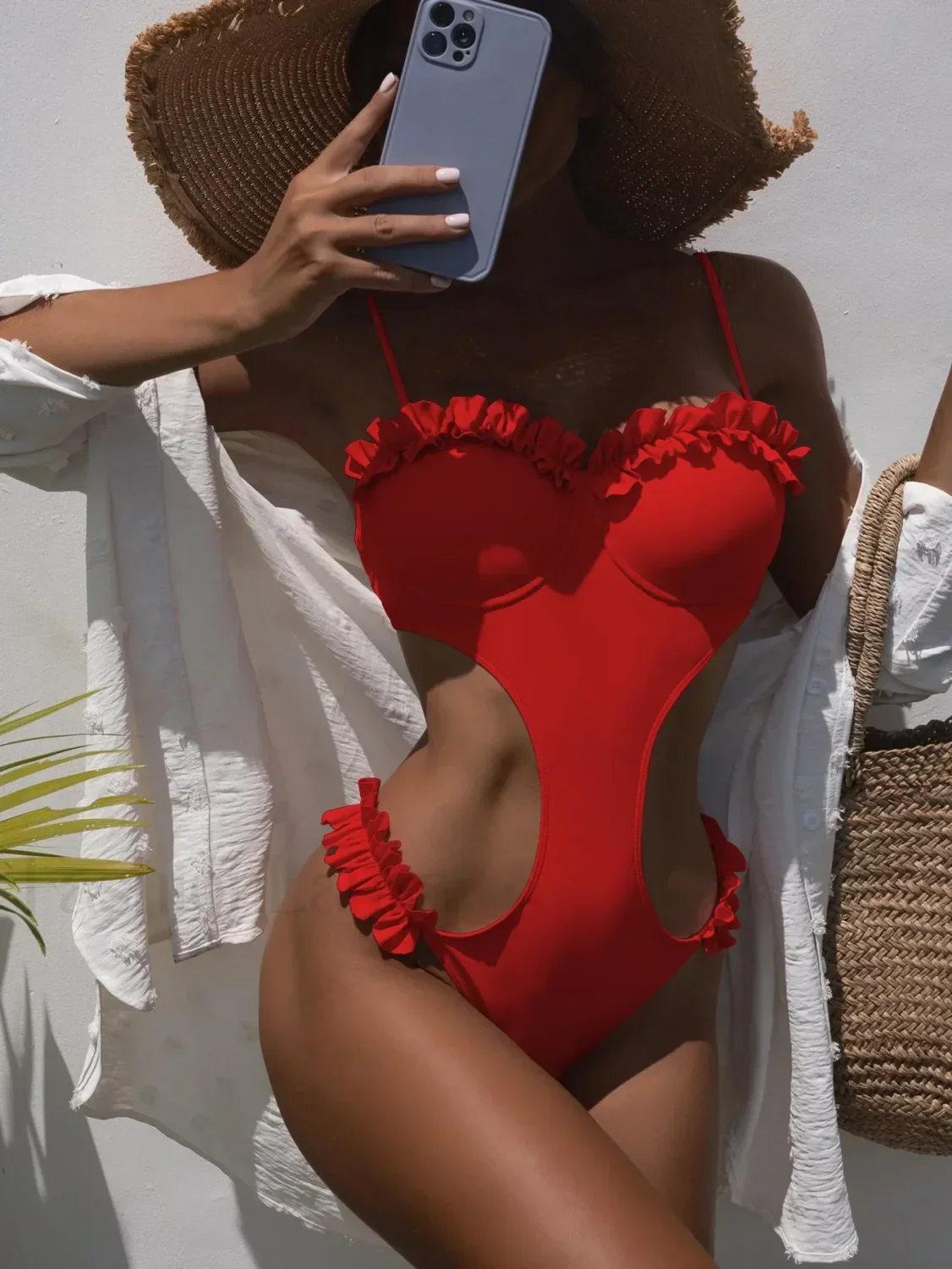 Solid Ruffle Thong Push Up One Piece - Image 6