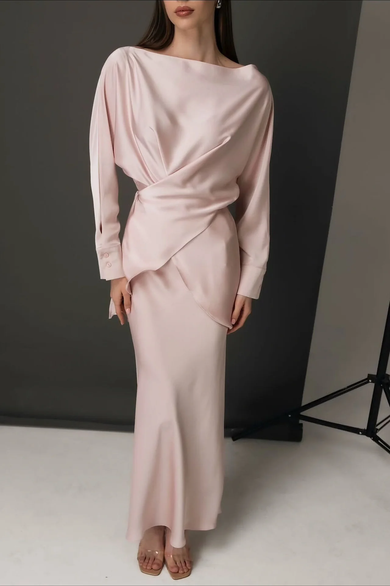Solid Satin Cinched Waist Skirt Set - Image 12