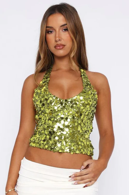 Solid Sequin Halter V Neck Crop Top - Image 4