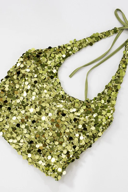 Solid Sequin Halter V Neck Crop Top - Image 7