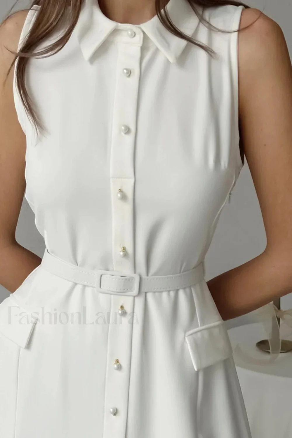 Solid Sleeveless Pearl Buckle Slim Split Maxi Dress - Image 3
