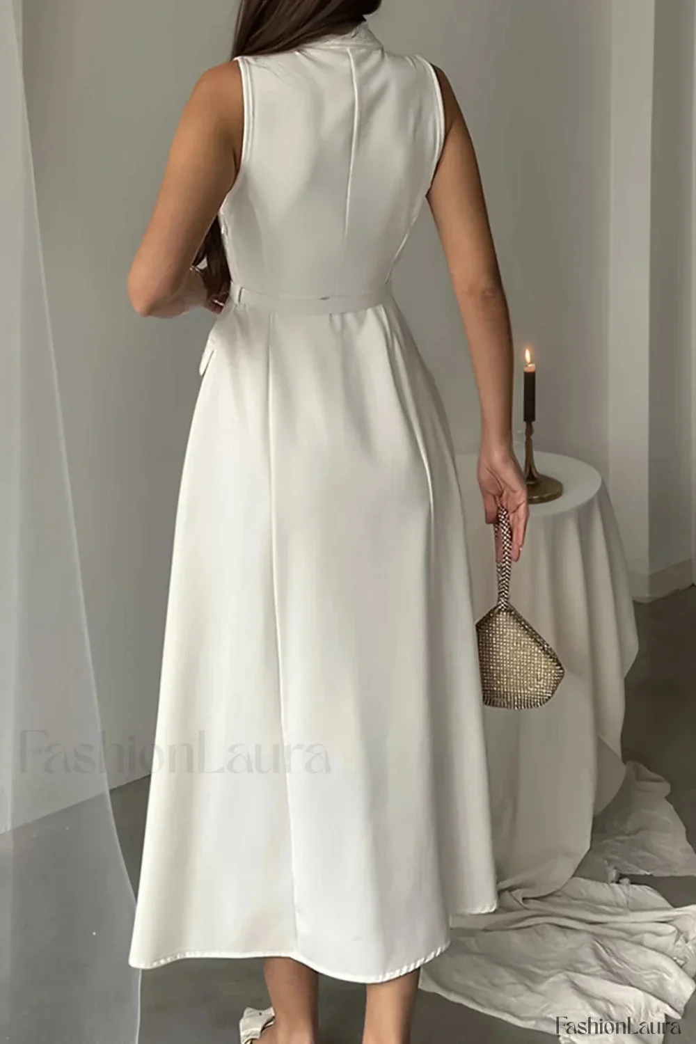 Solid Sleeveless Pearl Buckle Slim Split Maxi Dress - Image 9
