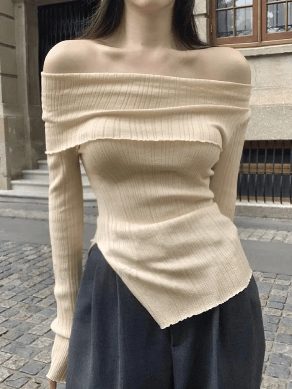 Split Off Shoulder Ribbed Knit Top - Image 24