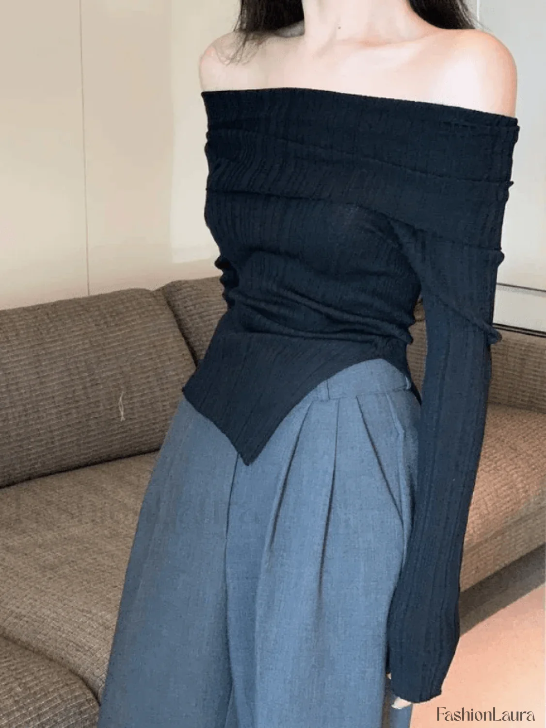 Split Off Shoulder Ribbed Knit Top - Image 26