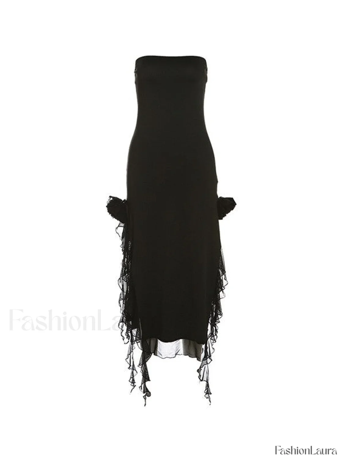 Split Ruffle Mesh Bandeau Maxi Dress - Image 11