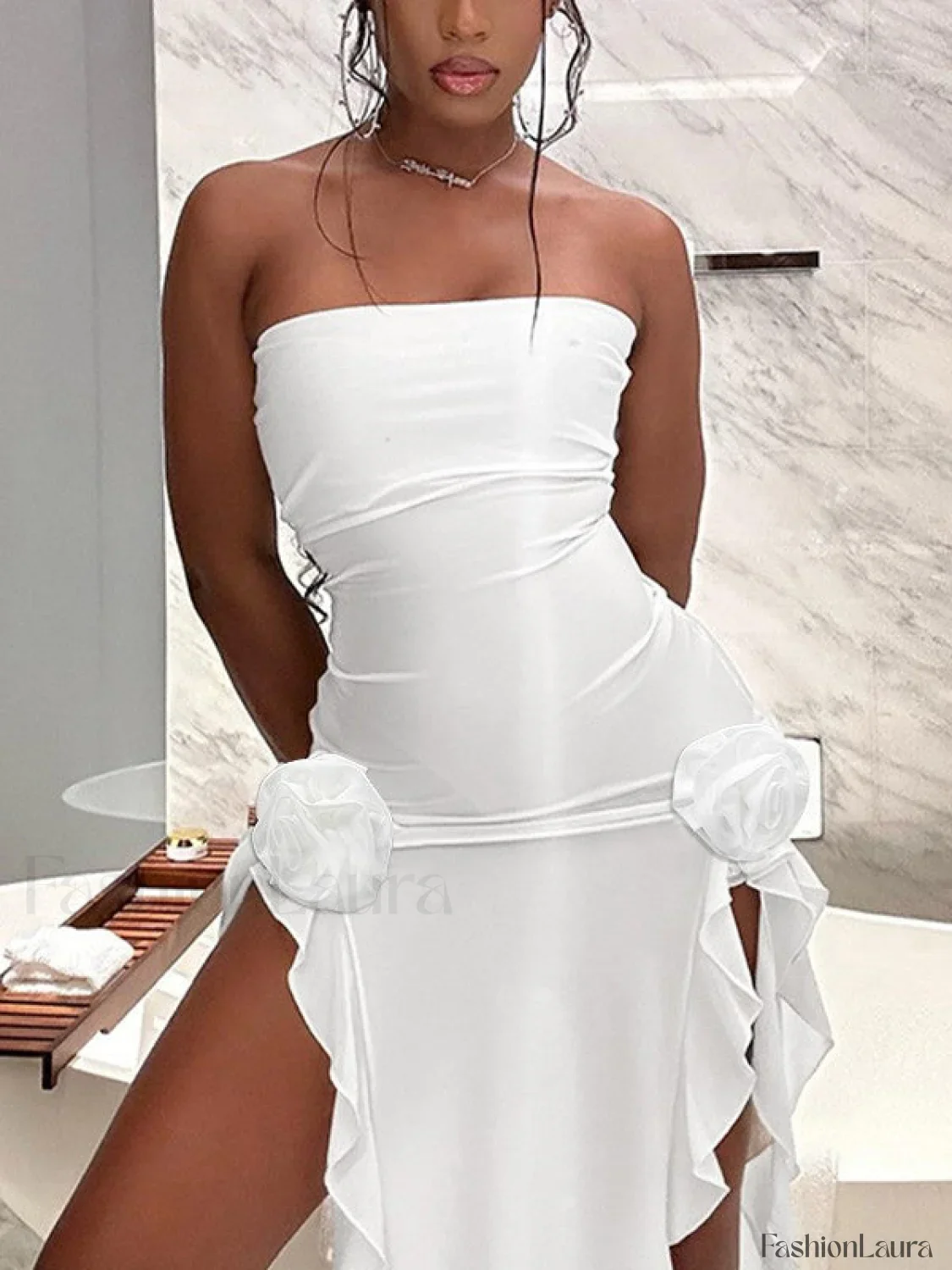 Split Ruffle Mesh Bandeau Maxi Dress - Image 16