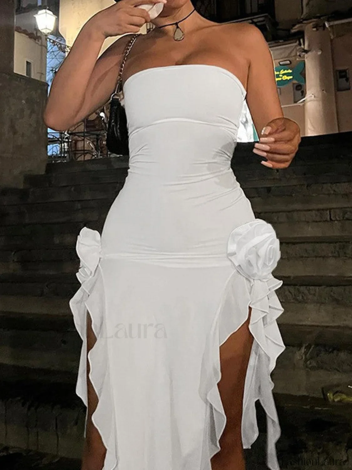 Split Ruffle Mesh Bandeau Maxi Dress - Image 17