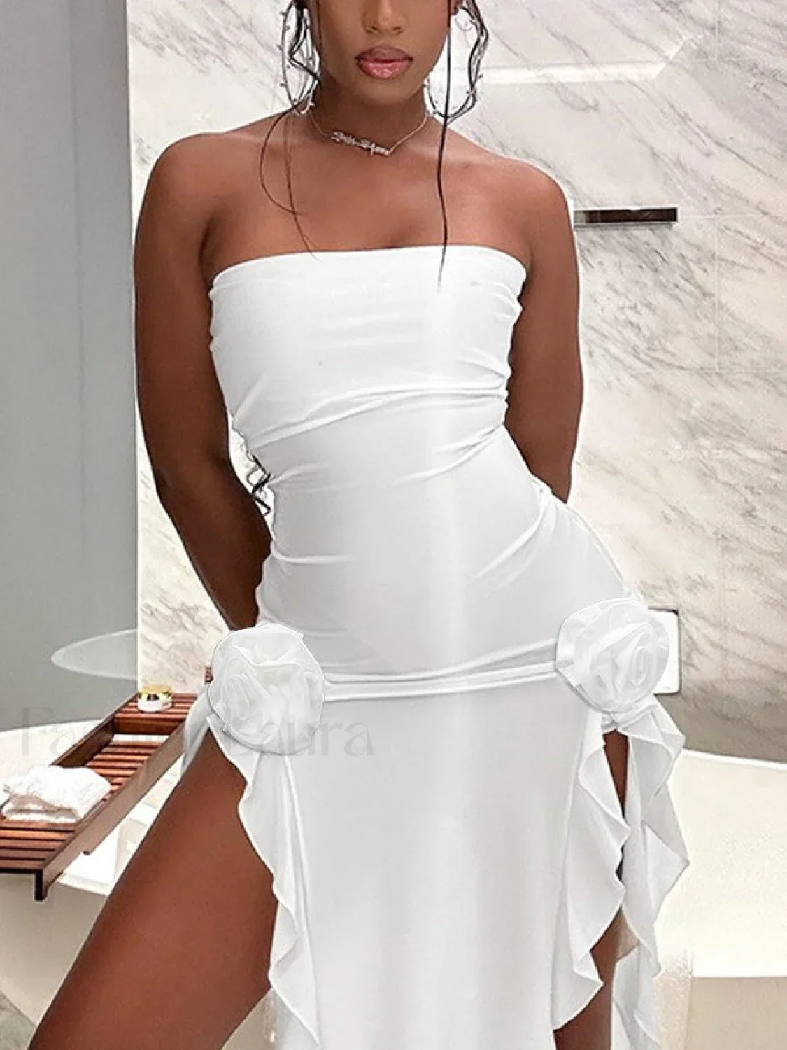 Split Ruffle Mesh Bandeau Maxi Dress - Image 3