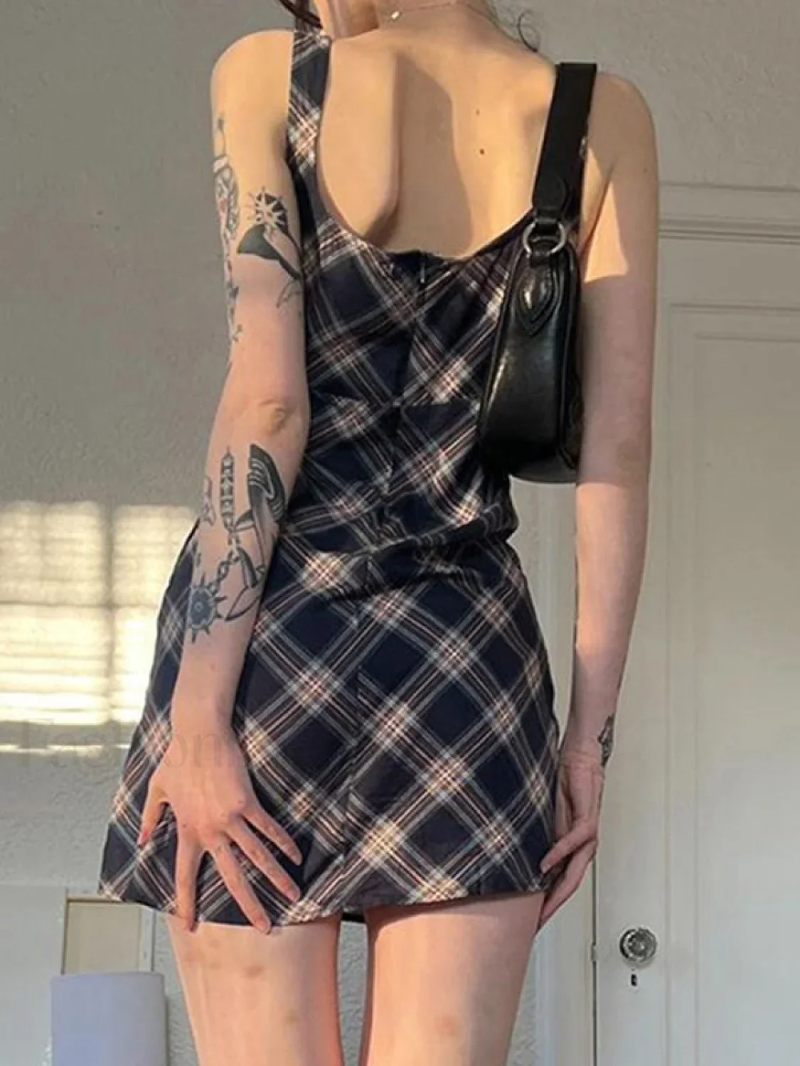 Split Sleeveless Checkered Mini Dress - Image 3