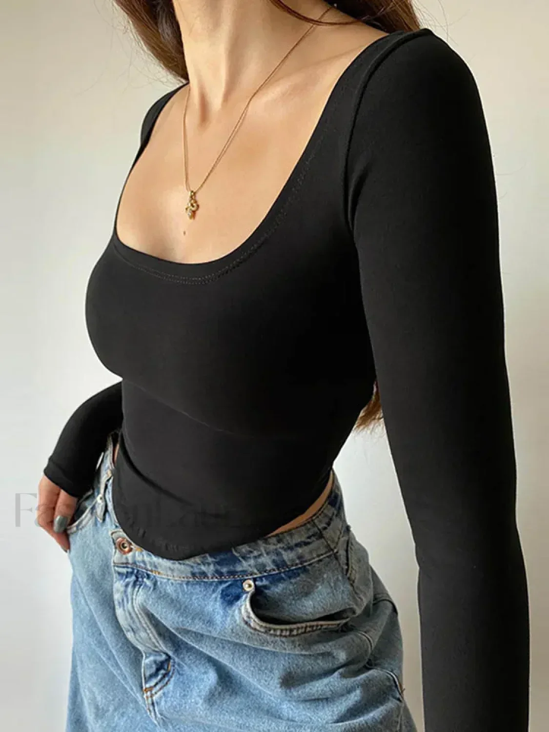 Square Collar Long Sleeve Solid Green Crop Top - Image 4