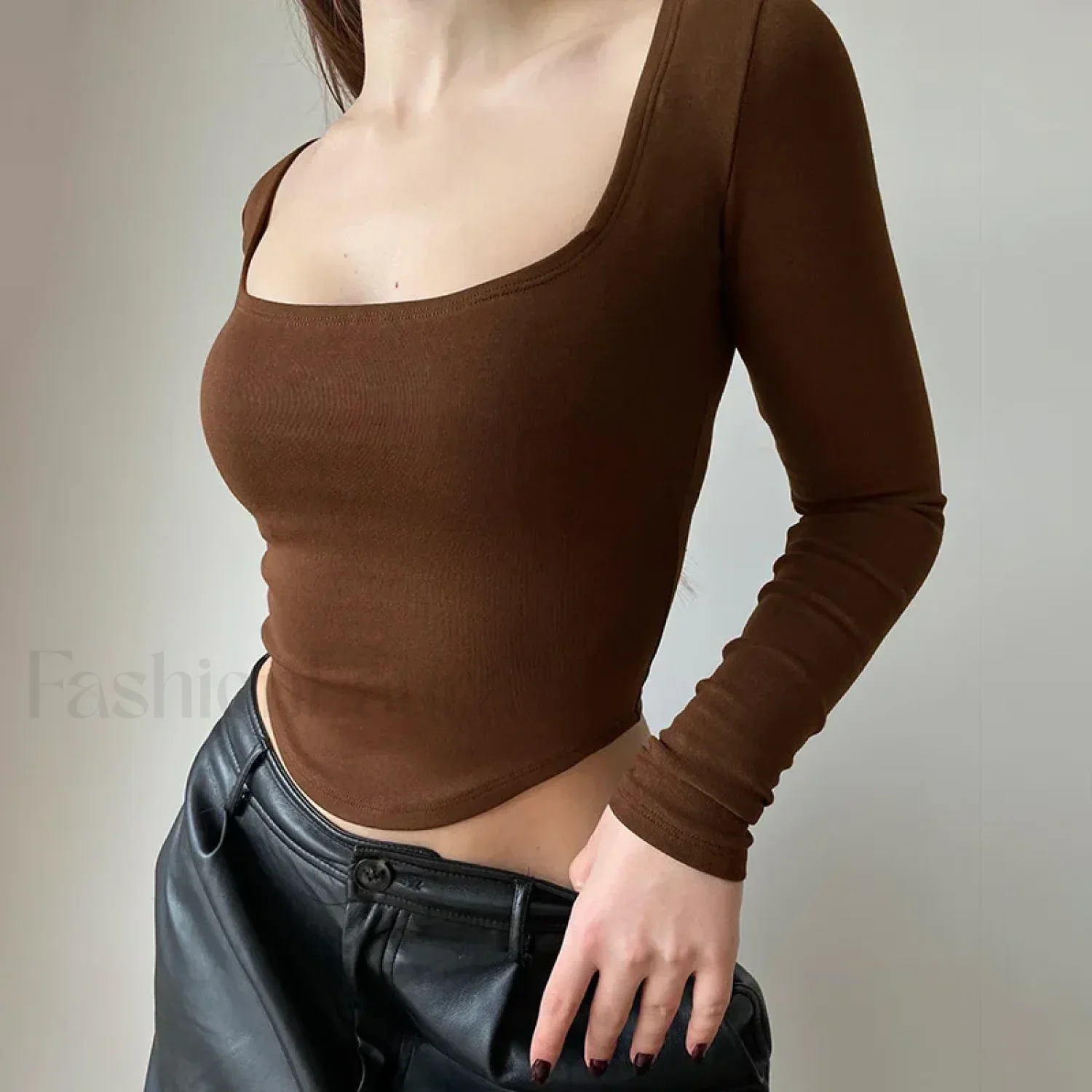 Square Collar Long Sleeve Solid Green Crop Top - Image 9
