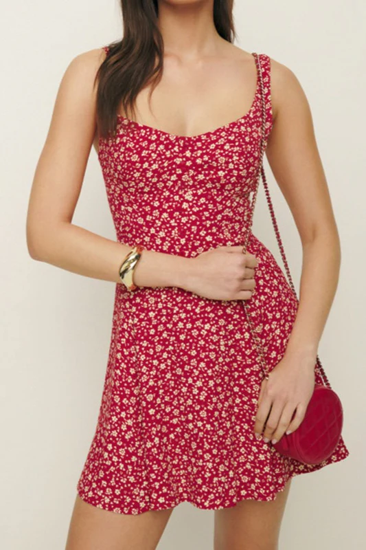 Square Neck Backless Strap A Line Floral Dress - Image 5