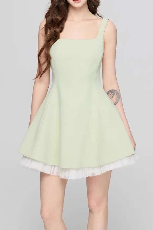 Square Neck Mesh Panel Mini Dress - Image 11