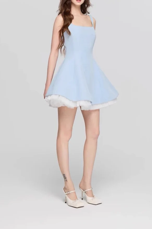 Square Neck Mesh Panel Mini Dress - Image 8