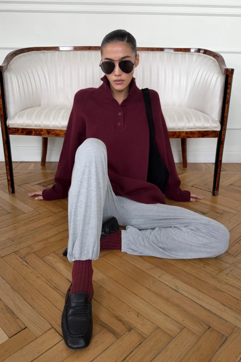 Stand Collar Button Detail Cozy Oversized Sweater - Image 5