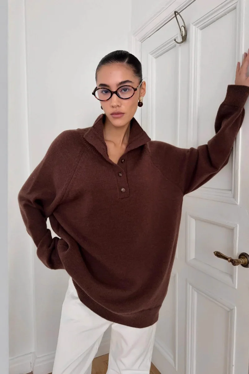Stand Collar Button Detail Cozy Oversized Sweater - Image 8