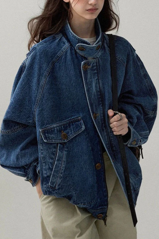 Stand Collar Washed Denim Utility Jacket - Image 5
