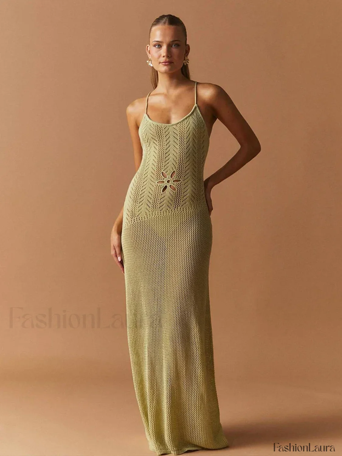 Strap Knitted Floral Cut Out Backless Slim Cover Up - Image 11